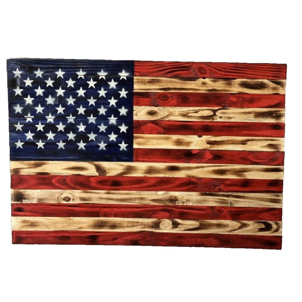 Handmade Distressed & Burned Wood American Flag 13x26 Inches